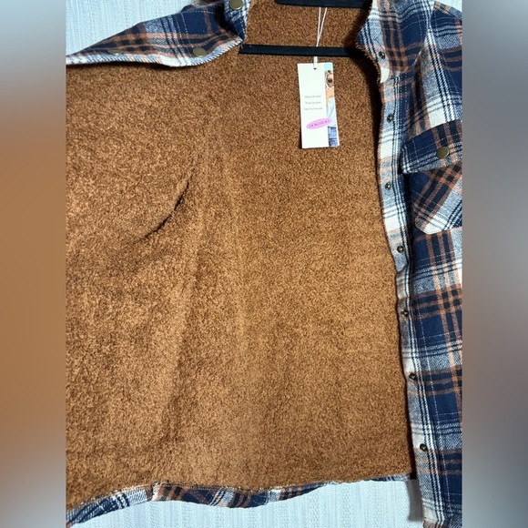 Women's Navy and Brown Plaid Button Down Shirt - Picture 4 of 5